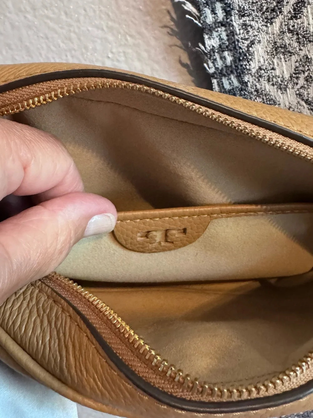 Tory Burch Camel/Tan Pebbled Leather Crossbody with Gold Logo